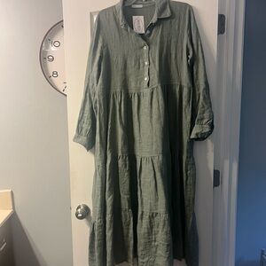 NWT made in Italy linen long tiered dress army green size L